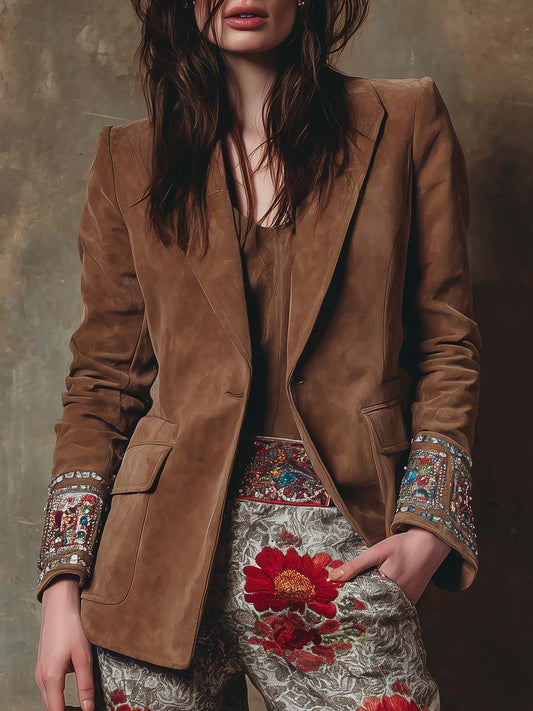 Embroidered Cuff Suede Blazer