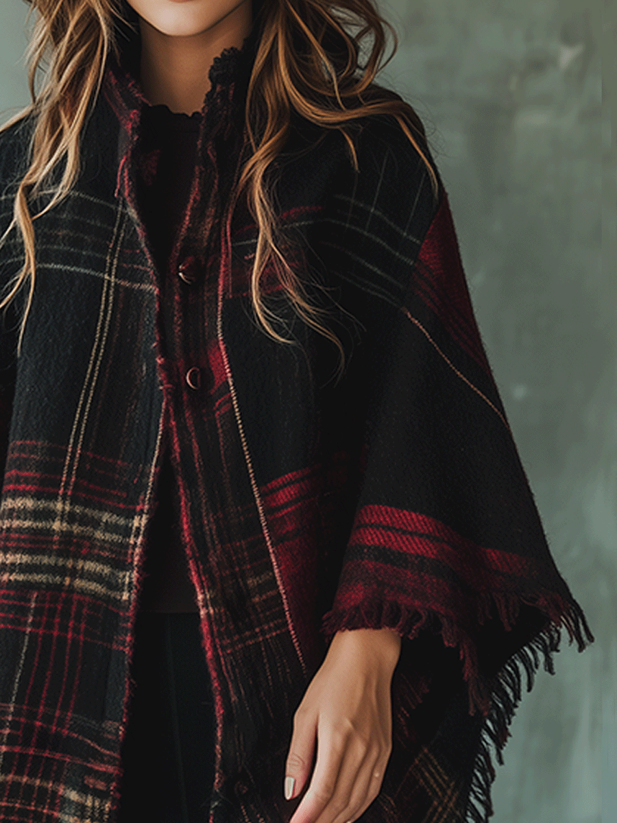 Fashionable Plaid Tassel Cape