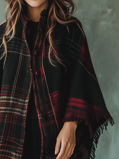 Fashionable Plaid Tassel Cape