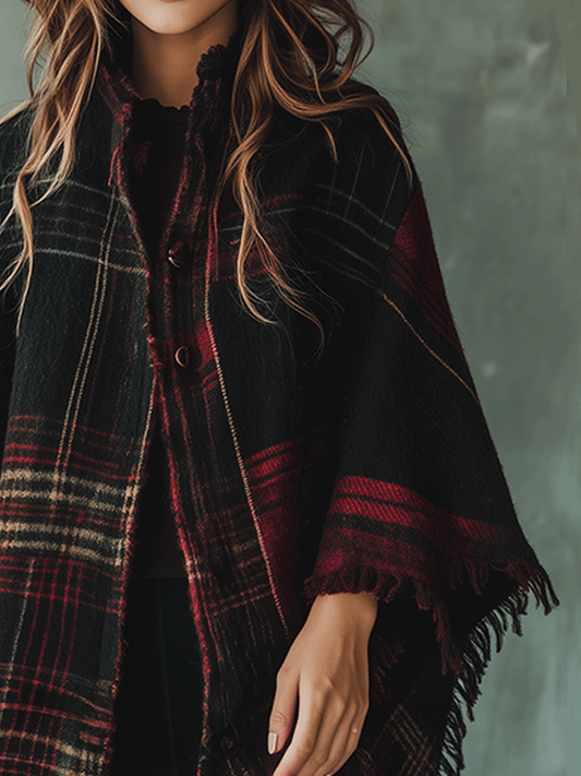 Fashionable Plaid Tassel Cape