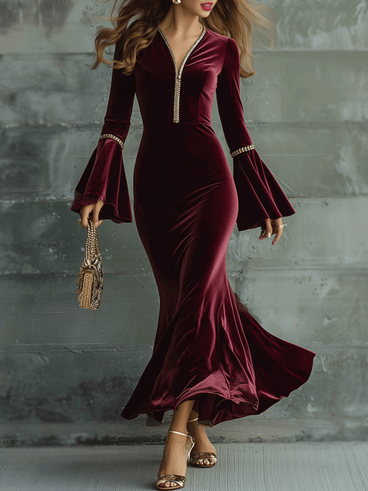 Elegant Burgundy Velvet Trumpet Sleeve Maxi Dress