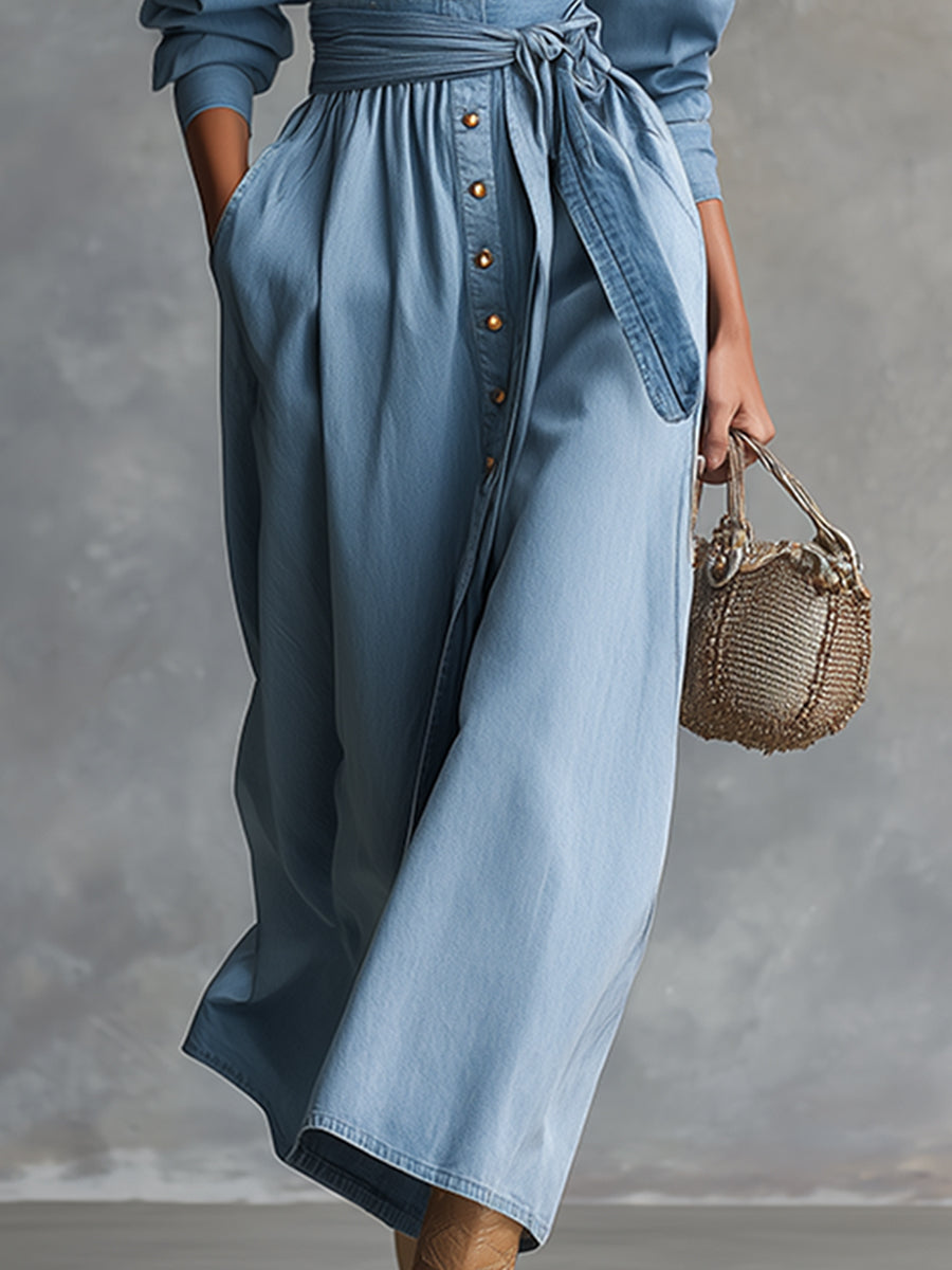 Elegant Light Blue Lapel Button Belt Denim Long Sleeve Maxi Dress