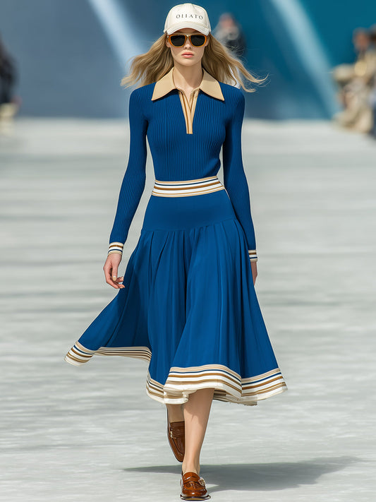 Fashion Retro Blue Knitted Polo Collar Top And Skirt Set