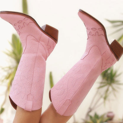 Faux Leather Embroidered Pointed Toe Pink Mid-Calf Cowgirl Boots
