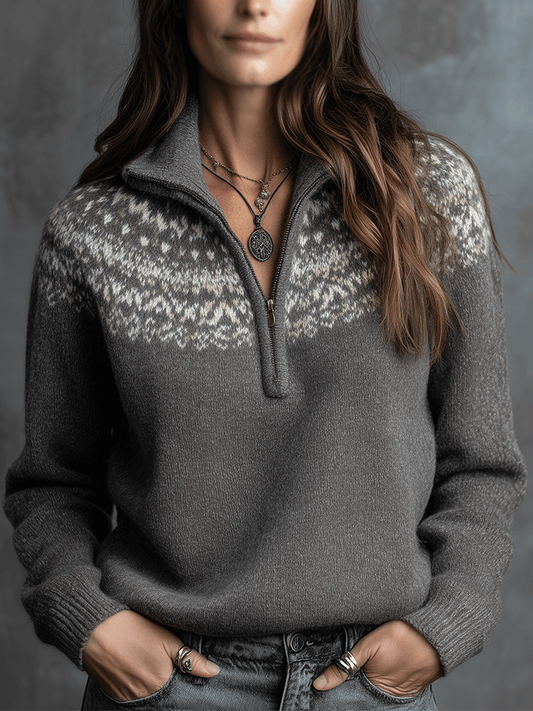 Fair Isle Knit Quarter Zip Sweater
