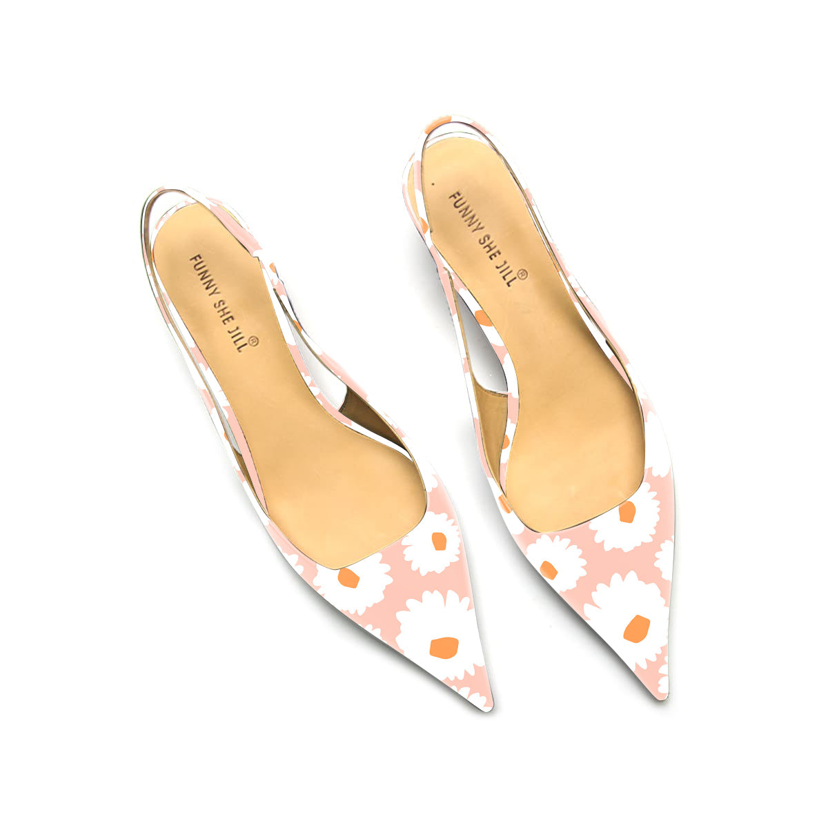 Elegant Pink Daisy Pattern Pointed Toe Kitten Heel Slingback Pumps