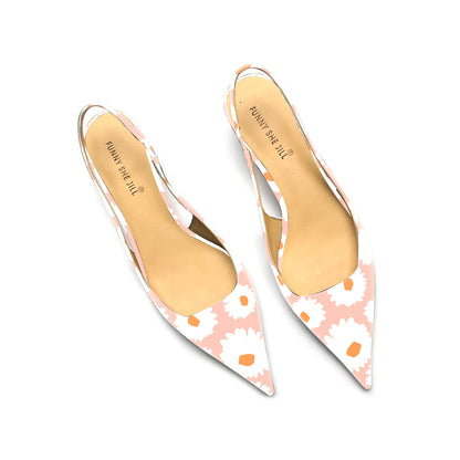 Elegant Pink Daisy Pattern Pointed Toe Kitten Heel Slingback Pumps