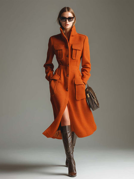 Elegant Urban Stand-up Collar Orange Pocket Mid-length Coat