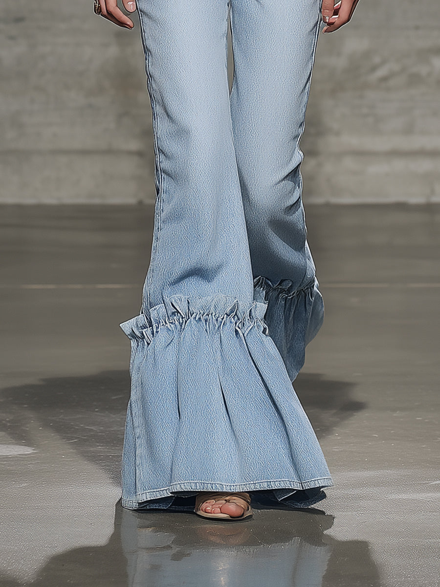 Elegant And Fashionable Ruffled Denim Flared Pants
