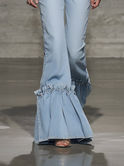 Elegant And Fashionable Ruffled Denim Flared Pants