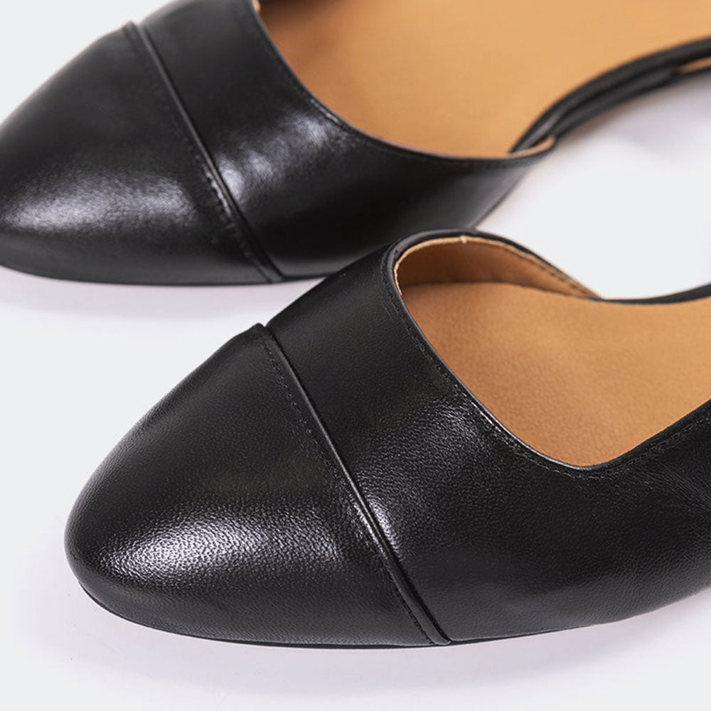 Almond Toe Low Block Heel Buckle Strap Slingback Shoes in Black