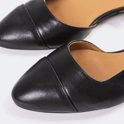 Almond Toe Low Block Heel Buckle Strap Slingback Shoes in Black