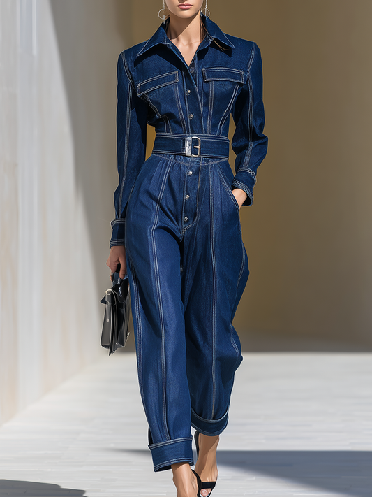 Fashion Retro Lapel Long-sleeved Denim Jumpsuit
