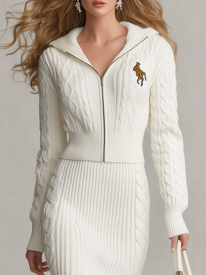 Fashionable Old Money Style Zipper White Cable Knitted Cardigan Slit Skirt Set