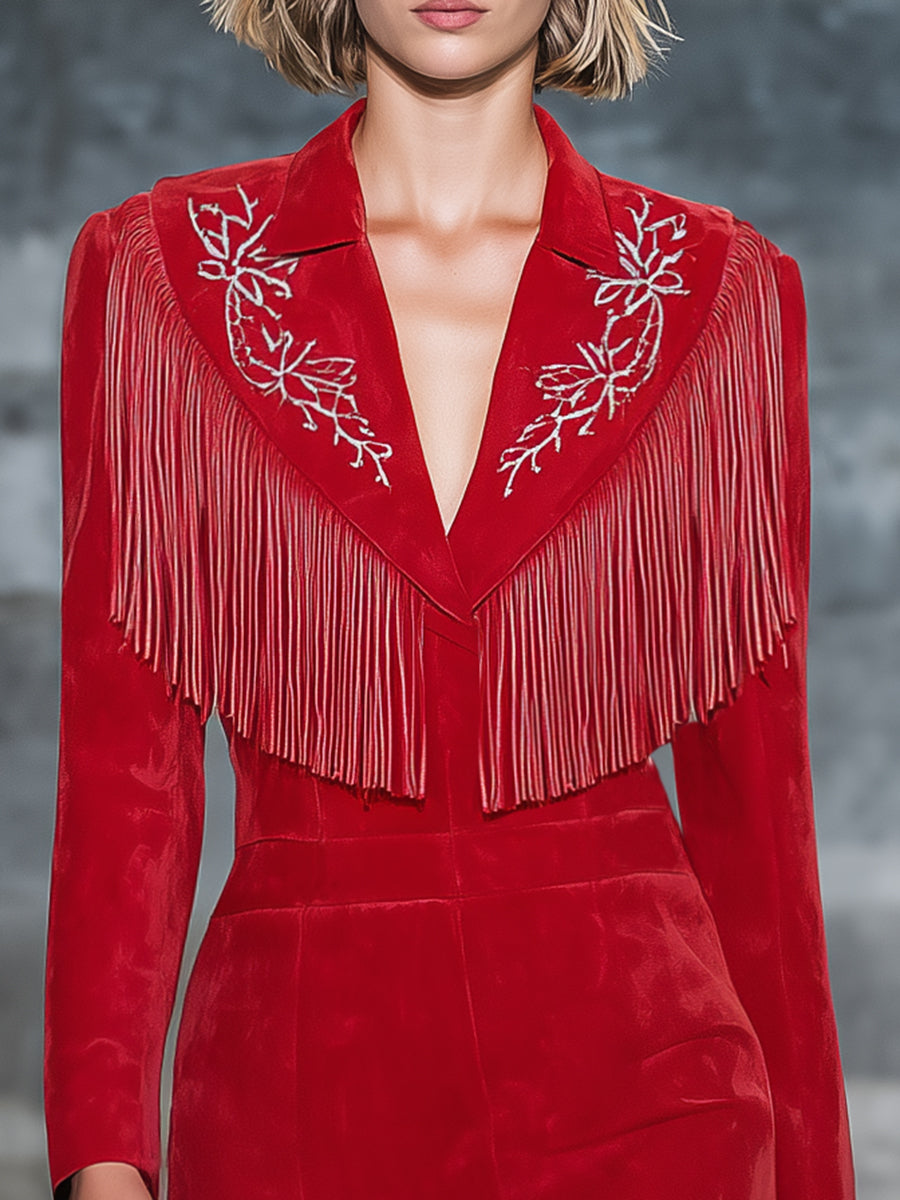 Fashionable Western Style White Embroidered Tassel Red Faux Suede Midi Dress