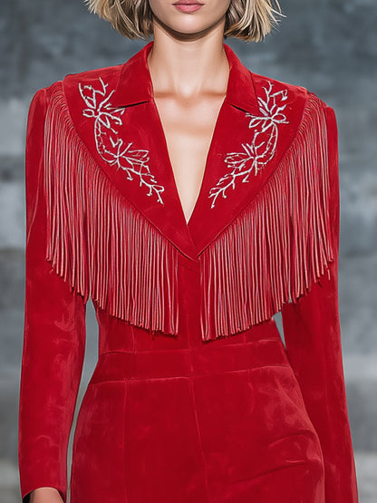 Fashionable Western Style White Embroidered Tassel Red Faux Suede Midi Dress