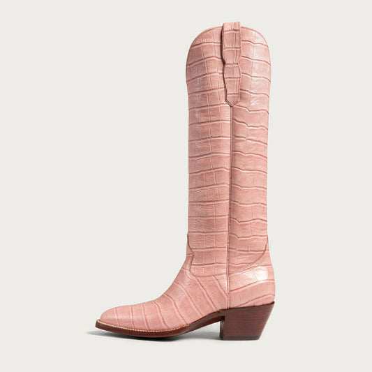 Embossed Low Block Heel Knee High Pink Cowboy Boots for Women