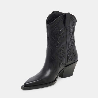 Fashion Pointed Toe Embroidered Ankle Length Cowgirl Boots in Black