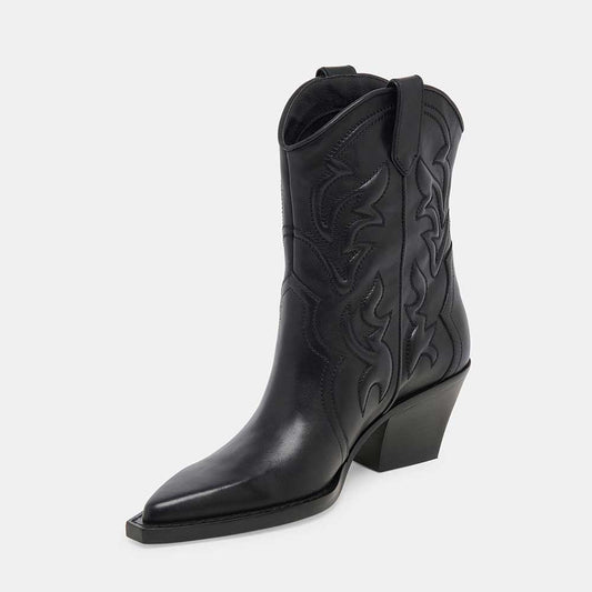 Fashion Pointed Toe Embroidered Ankle Length Cowgirl Boots in Black