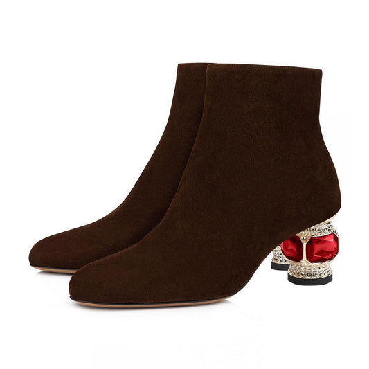 Dark Brown Faux Suede Pointed Toe Decorative Heel Side-Zip Booties