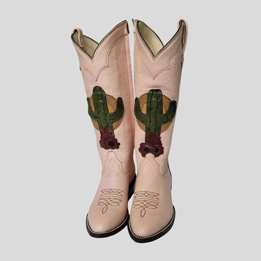 Faux Leather Snip Toe Block Heel Light Pink Cowgirl Boots for Women