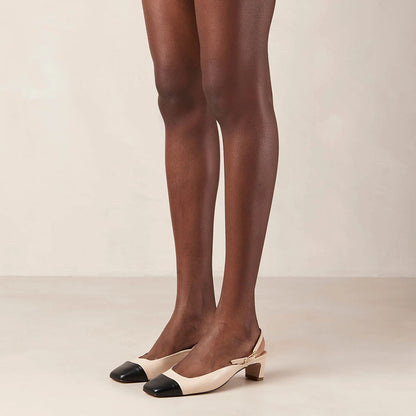 Beige & Black Square Toe Chunky Heel Vintage Slingback Pumps