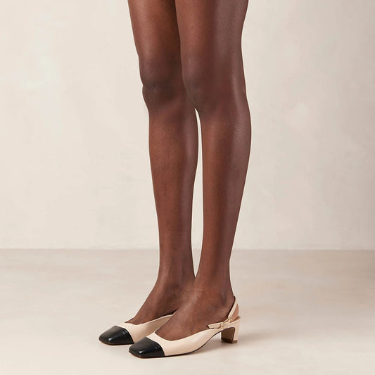 Beige & Black Square Toe Chunky Heel Vintage Slingback Pumps