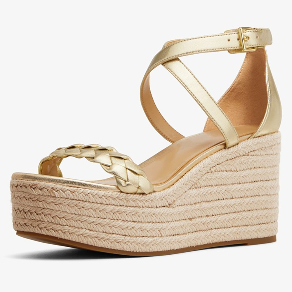 Gold  Sandals With Platform Ankle Strap Wedge Chunky Heels