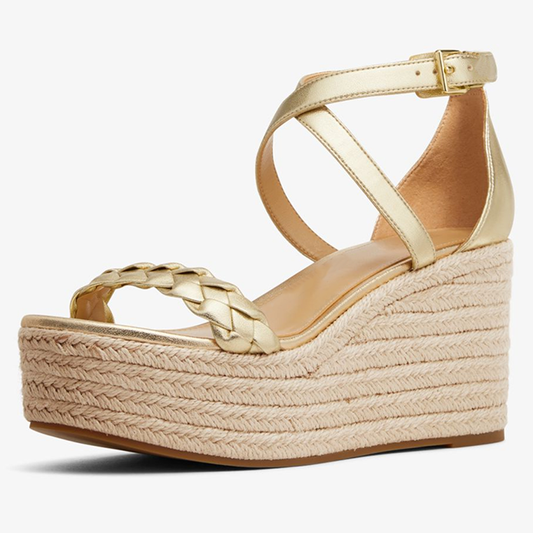 Gold  Sandals With Platform Ankle Strap Wedge Chunky Heels