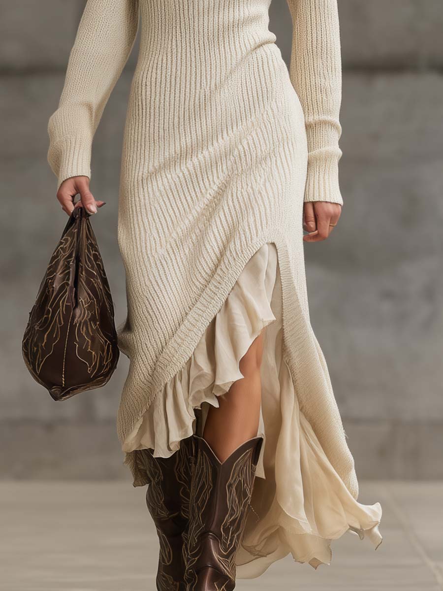 Exquisite Casual Western V-neck Long Sleeve Hem Chiffon Ruffle Cream Knit Slit Maix Dress