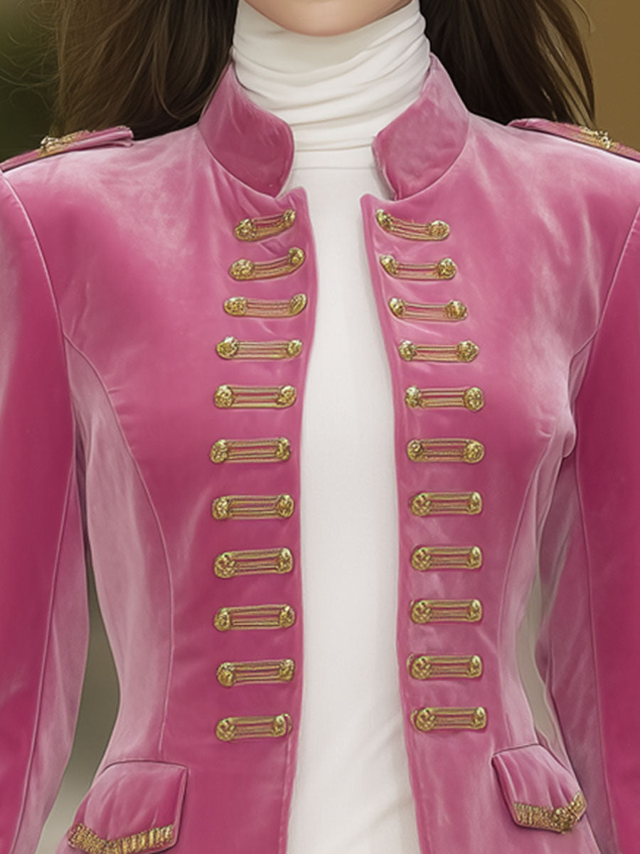Elegant Pink Velvet Stand Collar Pocket Jacket
