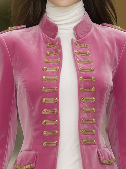 Elegant Pink Velvet Stand Collar Pocket Jacket