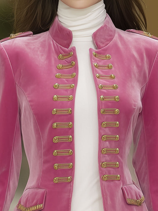 Elegant Pink Velvet Stand Collar Pocket Jacket