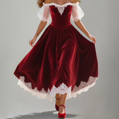 Vintage Off Shoulder Lace Trim Puff Sleeve Velvet Midi Dress