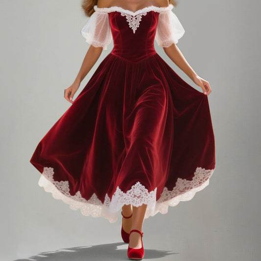 Vintage Off Shoulder Lace Trim Puff Sleeve Velvet Midi Dress