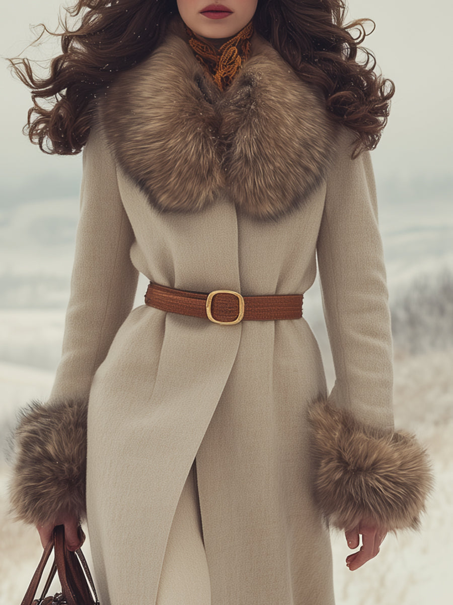 Elegant And Fashionable With Plush Trim Cuffs And Collar Beige Coat