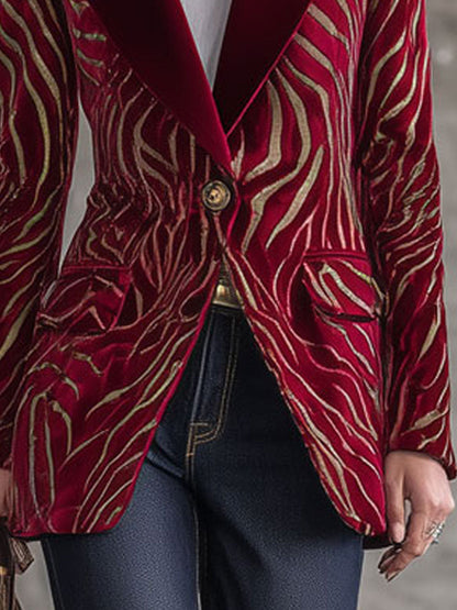 Fashion Retro Gold Zebra Pattern Red Velvet Blazer