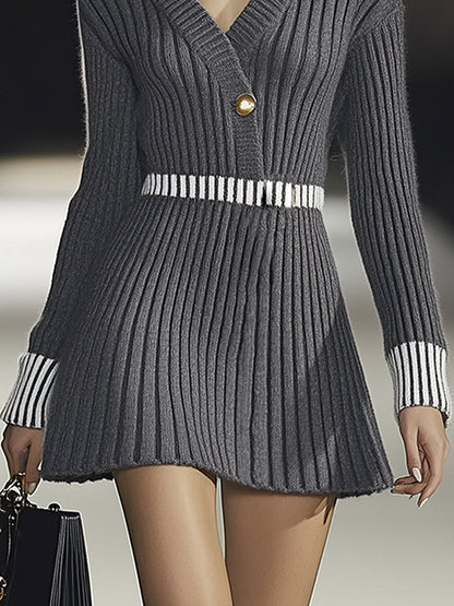 Fashionable V-neck Grey Knitted Long-sleeved Mini Dress