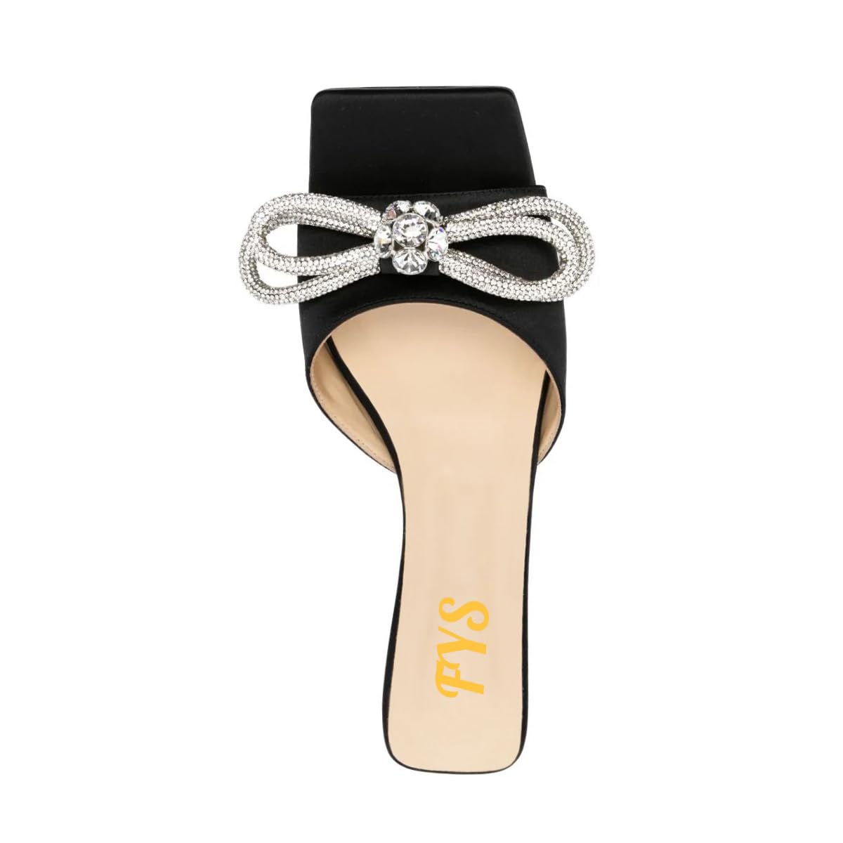 Elegant Black Satin Open Square Toe Rhinestone Bow Flat Mules