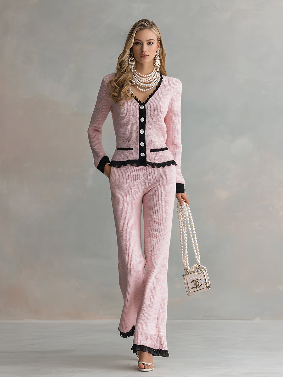 Elegant And Gentle Contrasting Trim Pink Button Sweater Wide-leg Pants Set