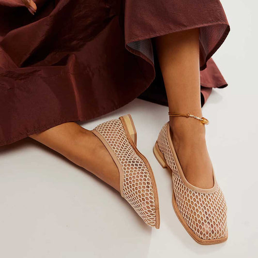 Beige Mesh Upper Slip-On Flat Shoes for Women with Square Toe