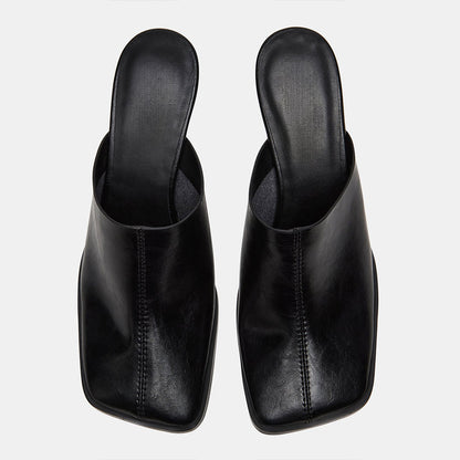 Elegant Black Square Toe Mid Flared Heel Women's Mules Shoes