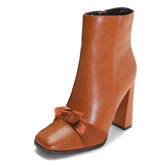 Elegant Brown Square Toe Knotted Chunky Heel Ankle Boots with Zip