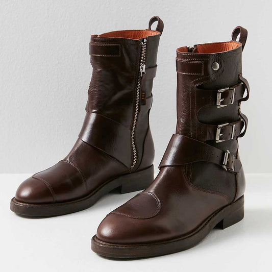 Distressed Round-Toe Buckle Biker Inspired Mid-Calf Boots in Brown