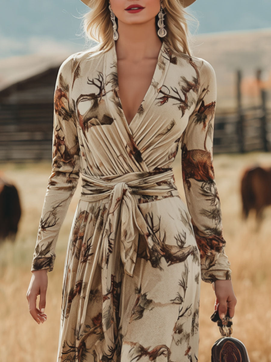 Fashion Retro Apricot Velvet Plum Blossom Print Lace-up Maxi Dress