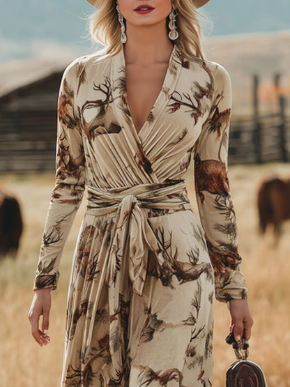 Fashion Retro Apricot Velvet Plum Blossom Print Lace-up Maxi Dress
