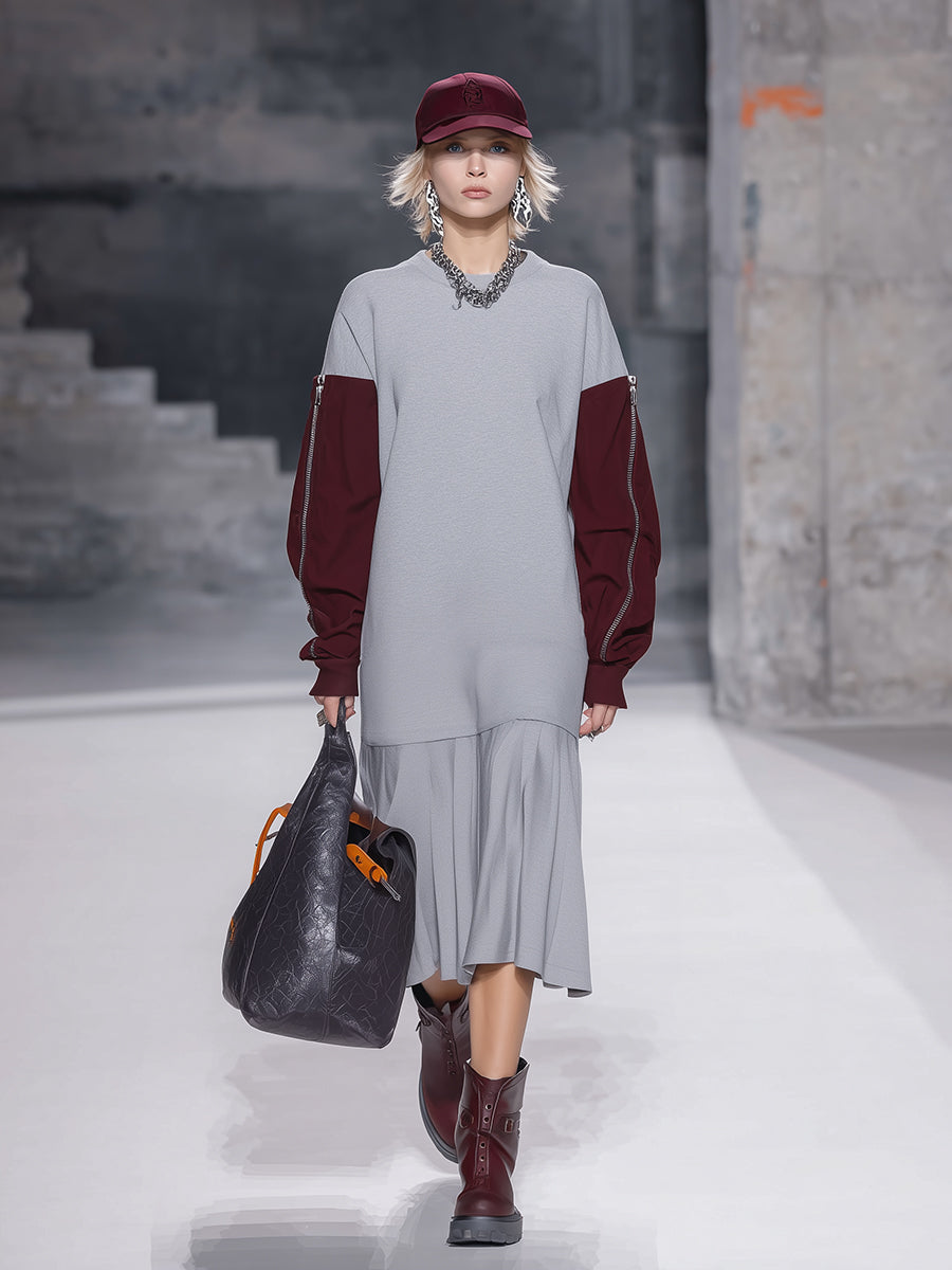 Fashionable Sporty Pleated Hem And Contrasting Colors Midi Dress