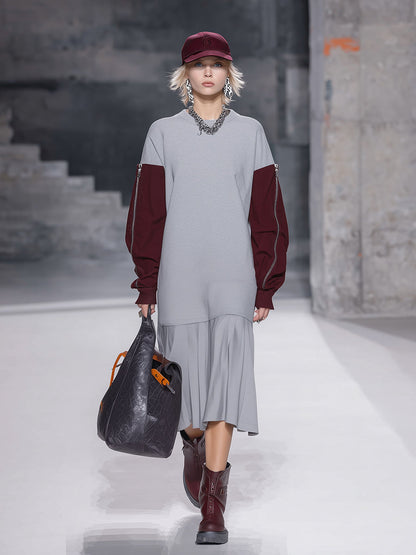 Fashionable Sporty Pleated Hem And Contrasting Colors Midi Dress
