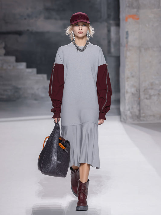 Fashionable Sporty Pleated Hem And Contrasting Colors Midi Dress