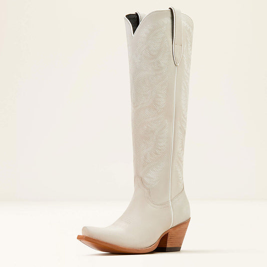 Embroidered Snip Toe Chunky Heel Zip Western Boots for Women in Ivory
